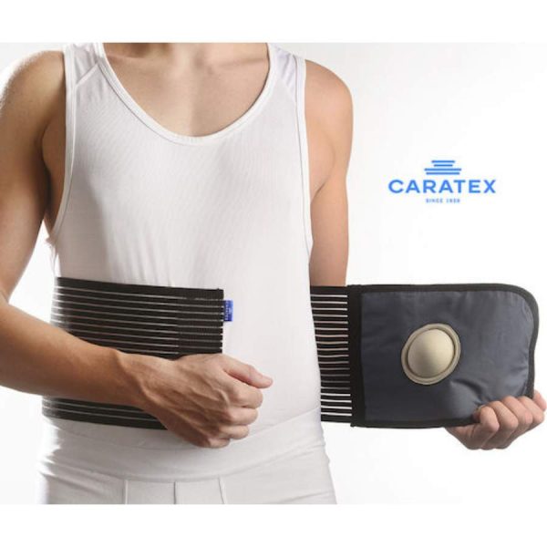 Ελαστική Μετεγχειρητική Ζώνη Ομφαλοκήλης Caratex – μαύρη, ύψους 16cm, με ενσωματωμένο μαξιλαράκι για στοχευμένη υποστήριξη ομφαλού και άνετη εφαρμογή στην κοιλιακή χώρα.