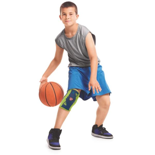 Παιδική ελαστική επιγονατίδα με σπειροειδή ενίσχυση και επίθεμα σιλικόνης της Mobiak Care για σταθεροποίηση και υποστήριξη της επιγονατίδας.