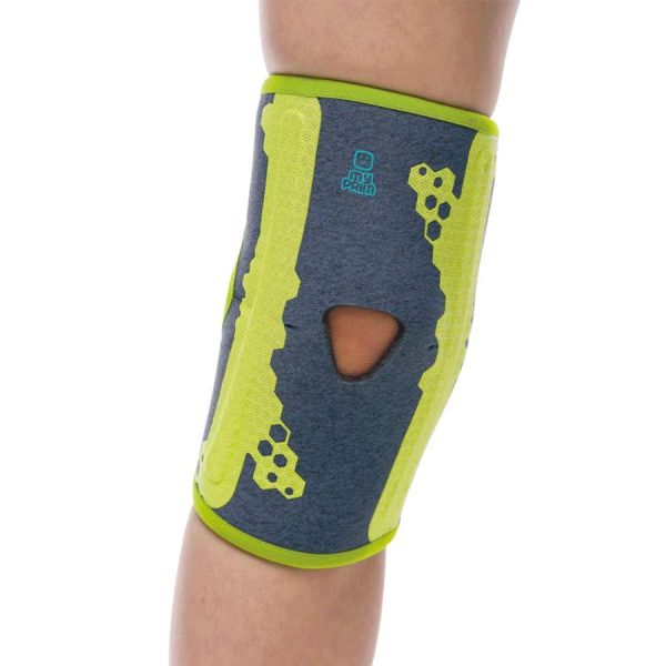 Παιδική ελαστική επιγονατίδα με σπειροειδή ενίσχυση και επίθεμα σιλικόνης της Mobiak Care για σταθεροποίηση και υποστήριξη της επιγονατίδας.