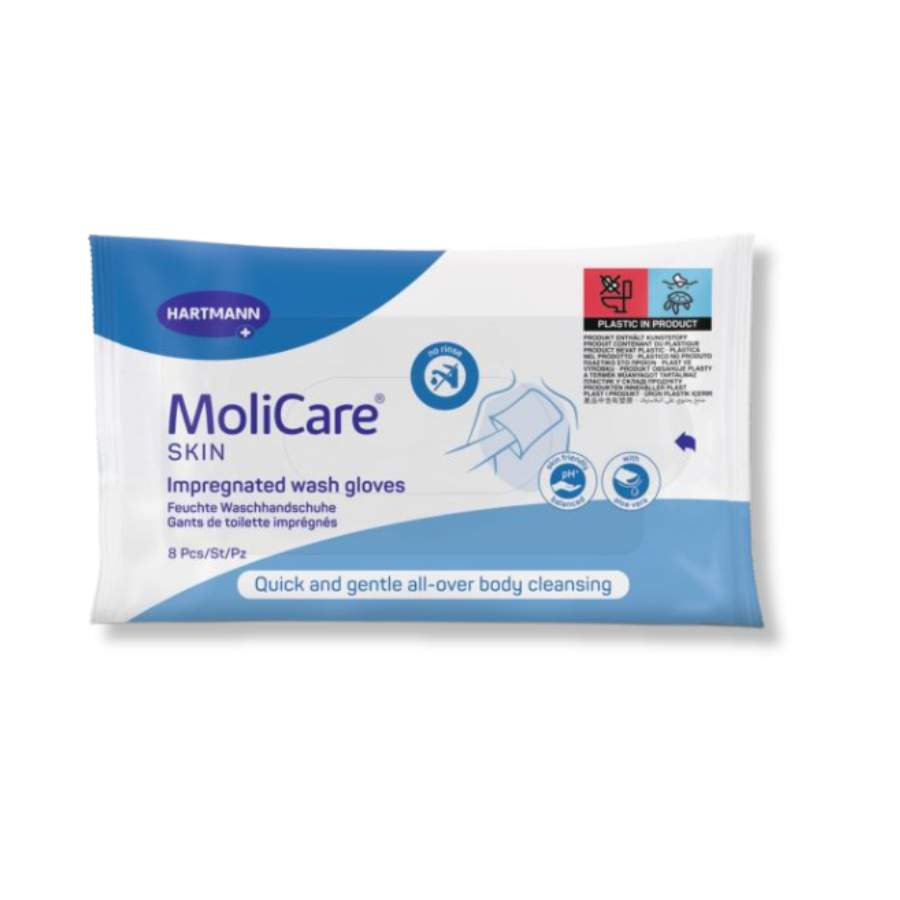 Γάντια καθαρισμού Hartmann MoliCare Skin – Συσκευασία 8 τεμαχίων για ολοκληρωμένο μπάνιο χωρίς νερό, ιδανικά για κλινήρεις ασθενείς και ώριμη επιδερμίδα.