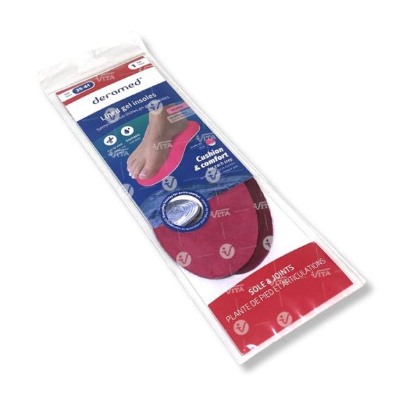 Πάτοι σιλικόνης με επένδυση microfiber Deramed σε ροζ και μπλε χρώμα – ιδανικοί για άνεση και απορρόφηση κραδασμών κατά την ορθοστασία.