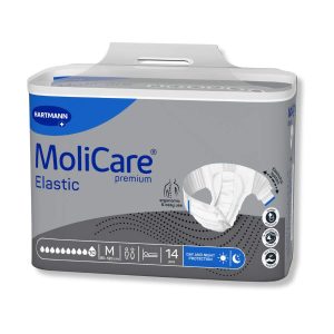 Πάνες αυτοκόλλητες MoliCare Premium Elastic 10 σταγόνες για εξαιρετικά βαριάς νυχτερινής ακράτειας με τεχνολογία SkinGuard και εργονομική εφαρμογή